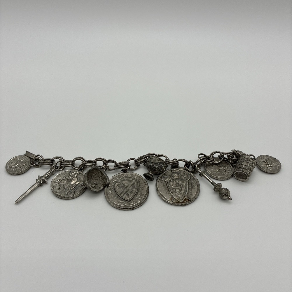 MCM King Richard MCVII  Faux Coins Goblets Weapons Charm Bracelet Pewter tone
